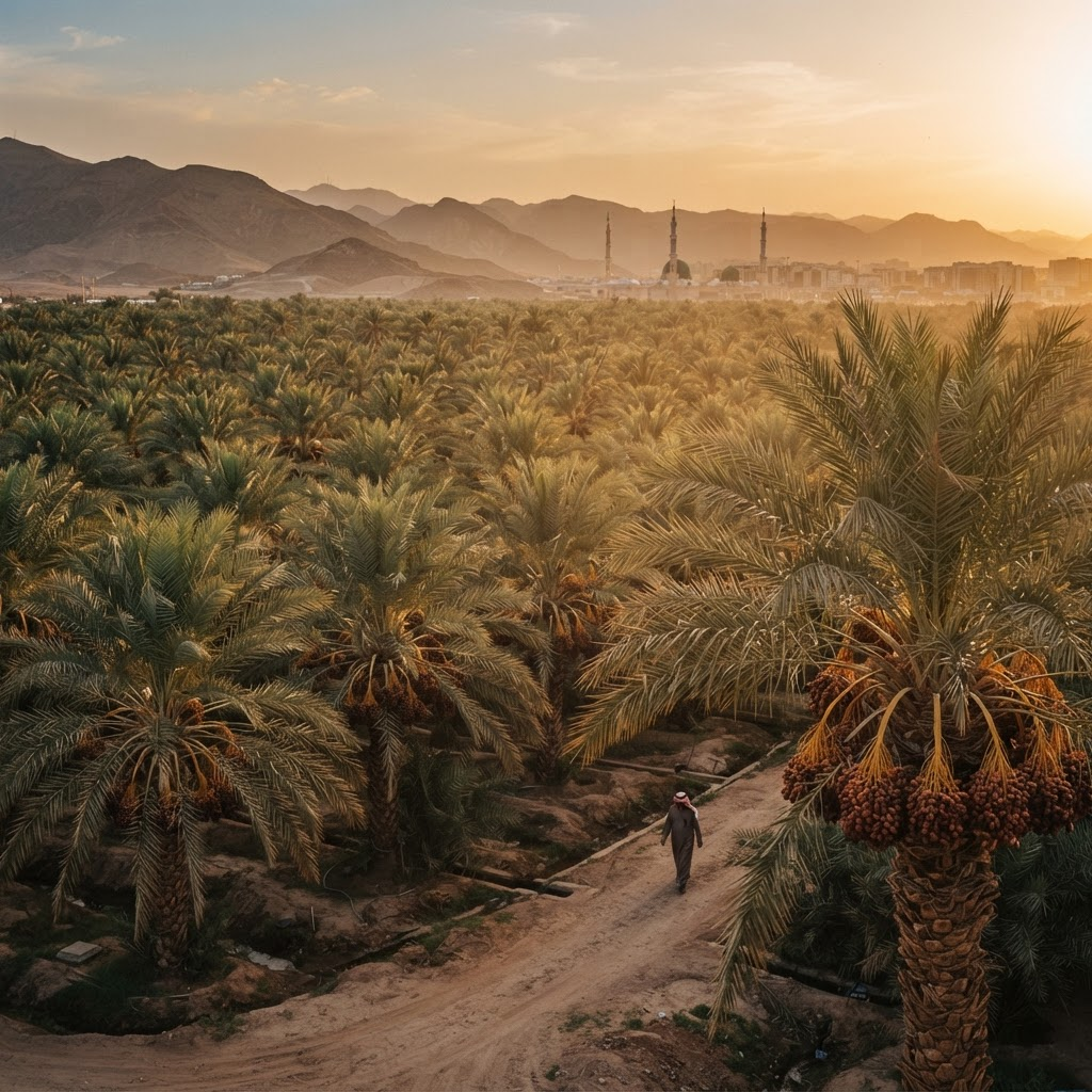 Date palm plantation in Madinah, Saudi Arabia at golden hour