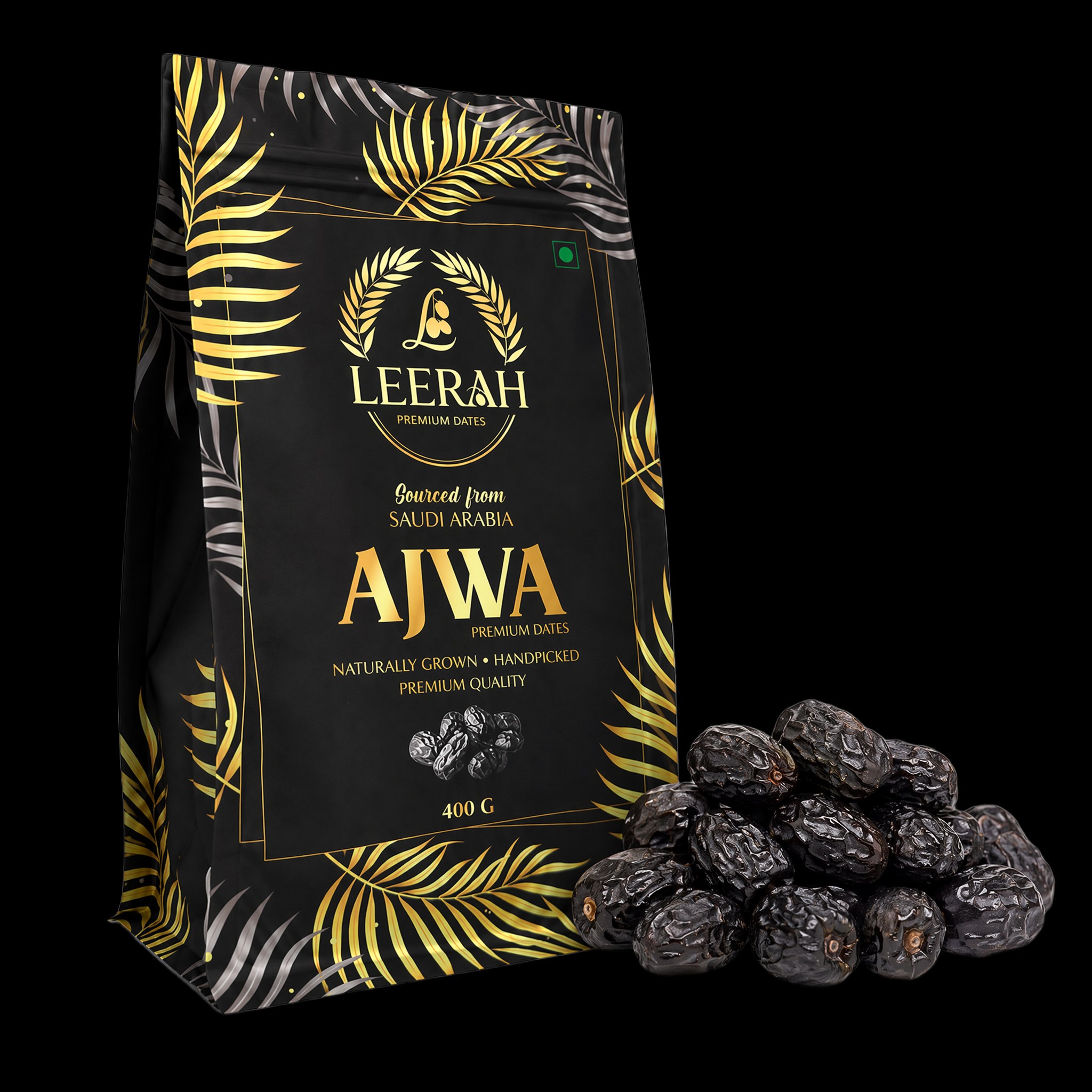 LEERAH premium Ajwa dates pouch with pile of dates