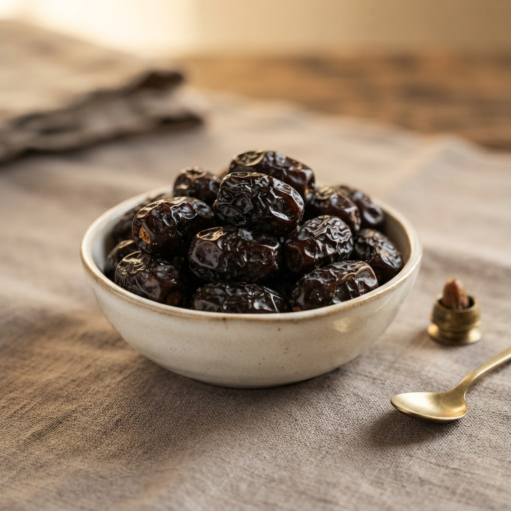 Bowl filled with LEERAH Ajwa dates