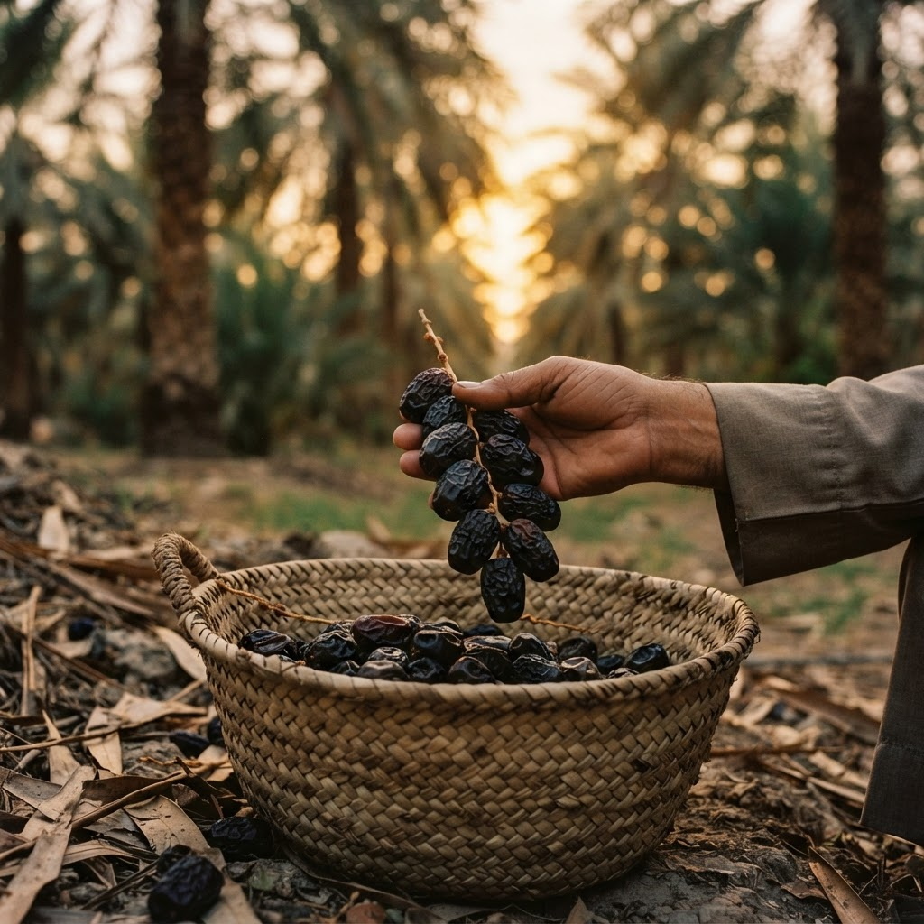 Hands holding freshly harvested Ajwa dates at a Madinah date farm at golden hour